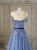 Tulle Blue Long Prom Dresses, Blue Tulle Formal Dresses HZ1024