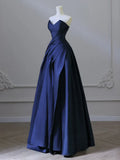 V Neck Satin Dark Blue Long Prom Dress, Blue Long Formal Dress HZ1024