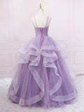 v neck tulle long prom dress, purple tulle formal party dress HZ1024
