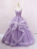 v neck tulle long prom dress, purple tulle formal party dress HZ1024