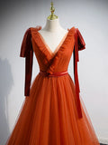 Red V Neck Tulle Long Prom Dresses, Simple Formal Gown Graduation Dresses HZ1024