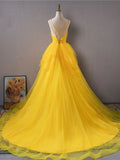 v neck tulle long prom dress high low long yellow graduation dress HZ1024