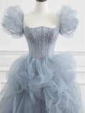 blue beads long prom dress gray tulle formal dress HZ1024