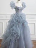 blue beads long prom dress gray tulle formal dress HZ1024
