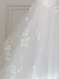V Neck Tulle Lace Long Wedding Dress, Ivory Tulle Wedding Gown HZ1024