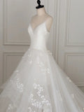 V Neck Tulle Lace Long Wedding Dress, Ivory Tulle Wedding Gown HZ1024