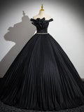 Off Shoulder Black Long Prom Dress, Black Long Evening Dress HZ1024