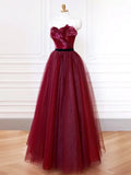 Sweetheart Neck Tulle Burgundy Long Prom Dress, Burgundy Long Formal Dress HZ1024