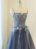Blue A line lace tulle long prom dress, gray formal evening dress HZ1024