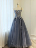 Blue A line lace tulle long prom dress, gray formal evening dress HZ1024