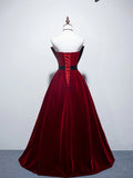 A line burgundy long prom dress, velvet bridesmaid dresses HZ1024