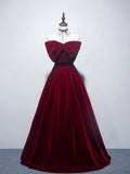 A line burgundy long prom dress, velvet bridesmaid dresses HZ1024