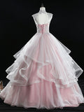 A Line Tulle Lace Long Prom Dress, Pink Sweet 16 Dress HZ1024