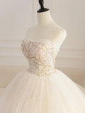 tulle sequin beads long prom dress, champagne evening dress HZ1024