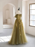 Green A-Line Off Shoulder Tulle Lace Long Prom Dress, Green Tulle Formal Dress HZ1024