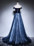 Blue Tulle Velvet Long Prom Dress, Blue Evening Dress HZ1024