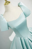 Satin Long Prom Dress, Beautiful Blue Short Sleeve Evening Party Dress HZ1024