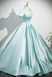 Satin Long Prom Dress, Beautiful Blue Short Sleeve Evening Party Dress HZ1024