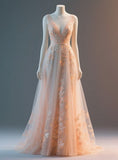 V Neck A-Line Tulle Applique Long Prom Dresses, Light Pink Sweet 16 Dress HZ1024