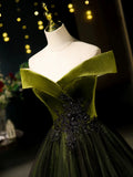 Off Shoulder Velvet Tulle Green Long Prom Dress, Green Long Formal Dress HZ1024