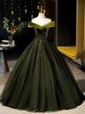 Off Shoulder Velvet Tulle Green Long Prom Dress, Green Long Formal Dress HZ1024
