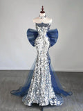 Tulle Sequin Silver Long Prom Dress, Strapless Long Party Dress HZ1024