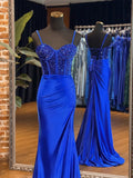 Sweetheart Neck Tulle Sequin Blue Long Prom Dresses, Blue Long Formal Dresses HZ1024