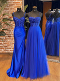 Sweetheart Neck Tulle Sequin Blue Long Prom Dresses, Blue Long Formal Dresses HZ1024