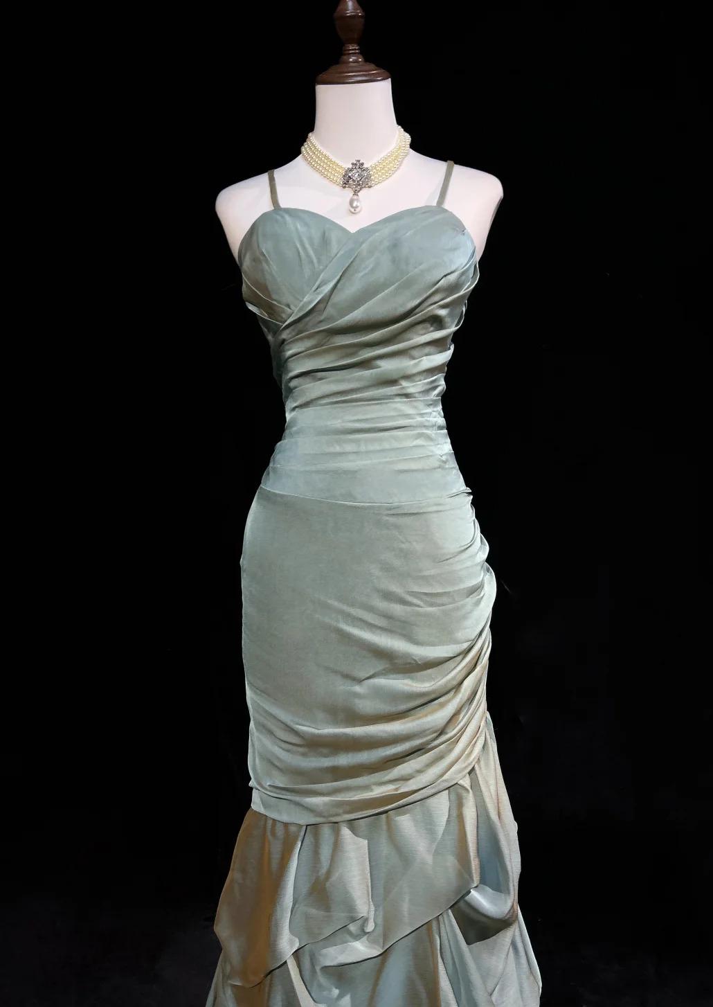Green Spaghetti Straps Mermaid Satin Long Prom Dresses Sweet 16 Formal Evening Dresses HZ1024