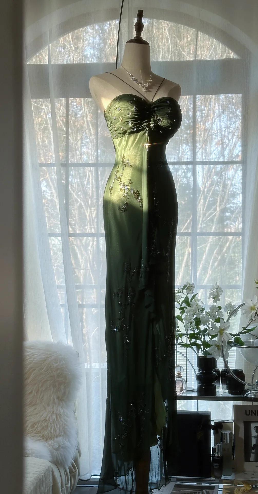 Forest Green Spaghetti Straps Long Prom Dresses Glitter Chiffon Beaded Elegant Party Dresses HZ1024