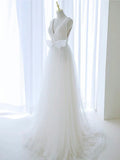 Off Shoulder White Tulle Flower Long Prom Dress, Blue Long Formal Dress HZ1024